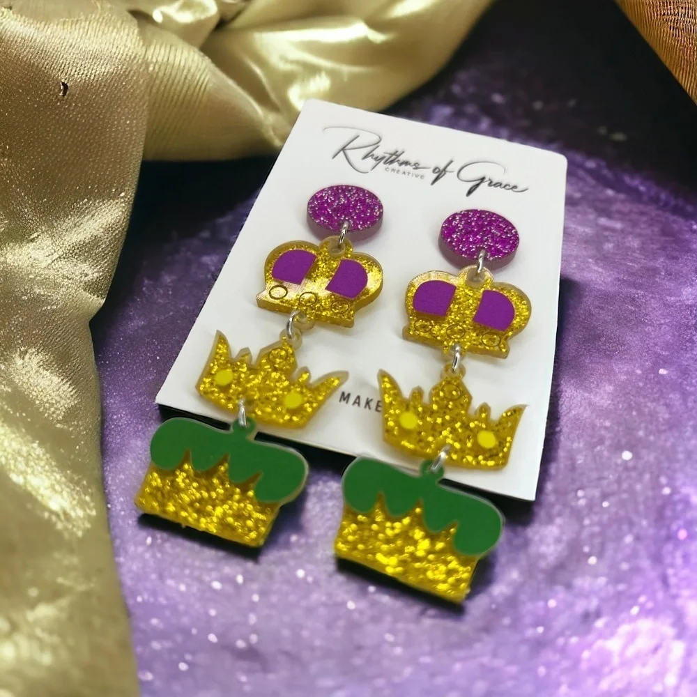 Mardi Gras Crown Dangle Earrings – Celebrate Like Royalty! NWT